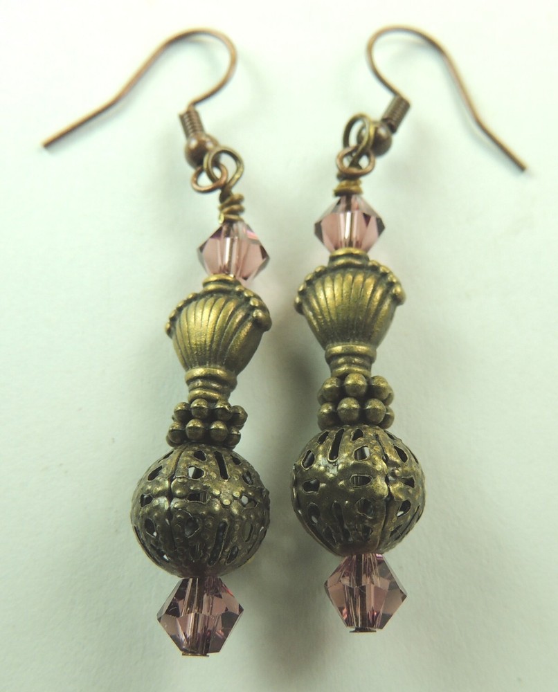 Bronze Shell Sphere  Boho Chic & Crystal Dangle Drop Earrings Handmade Jewelry