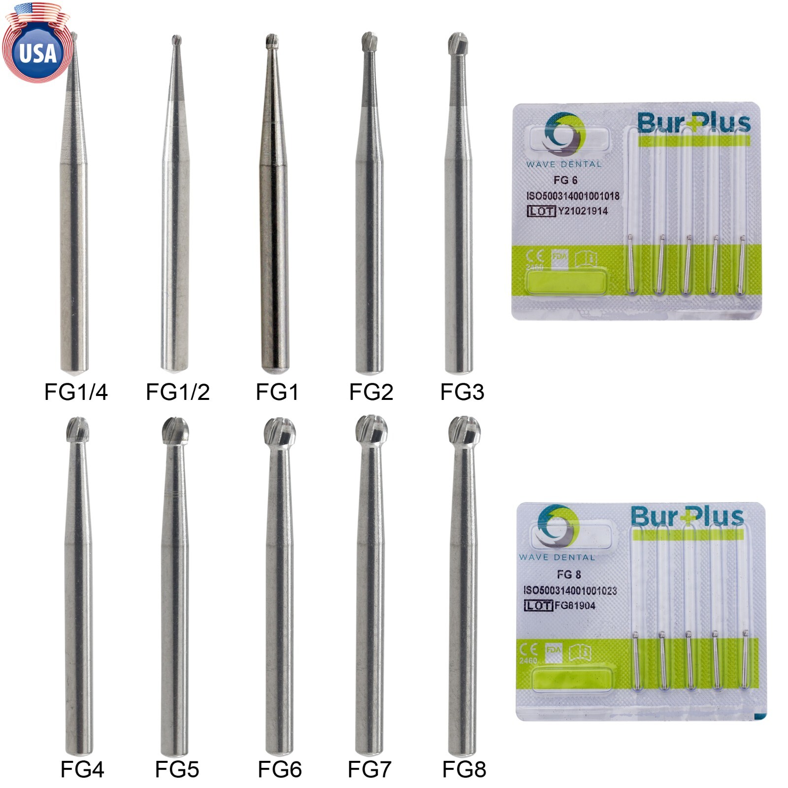 Wave Dental Carbide Bur High Speed Round FG 1/4 1/2 1 2 4 5 6 7 8 Friction Grip