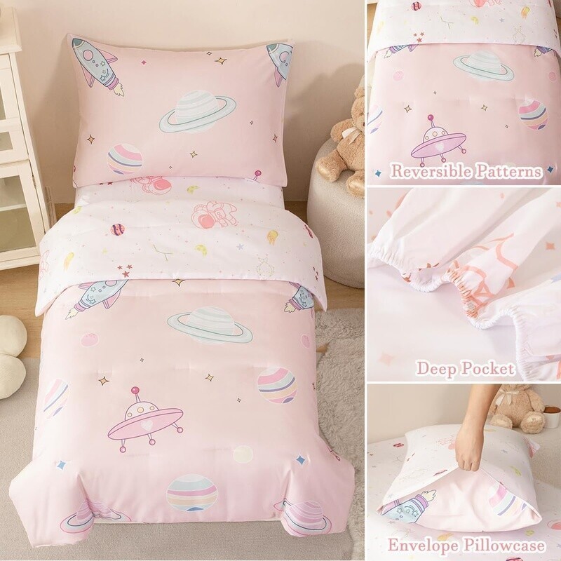 Toddler Bedding Set 4 Piece Space Theme Comforter Sheets Astronaut Planets Kids