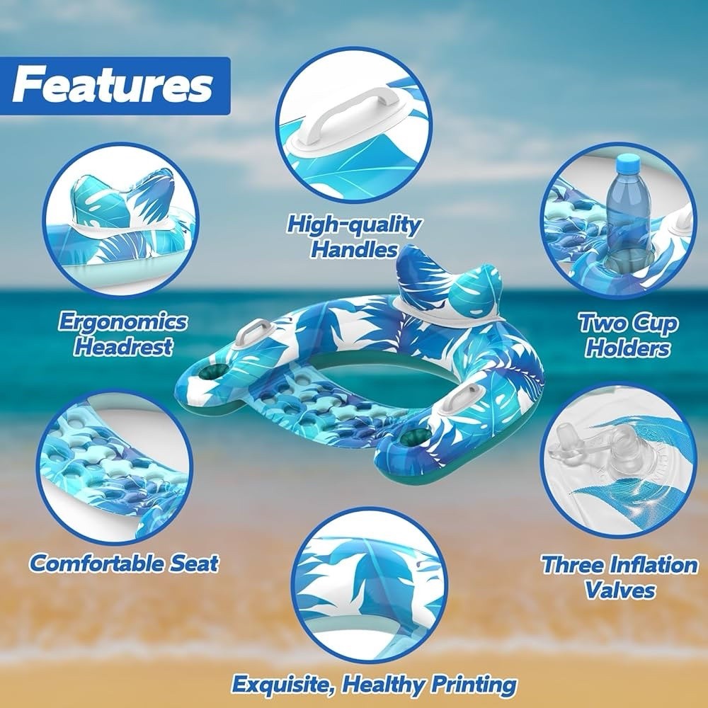 3 Pack Inflatable Pool Float Chairs with Cup Holders & Handles, Mixed Colors