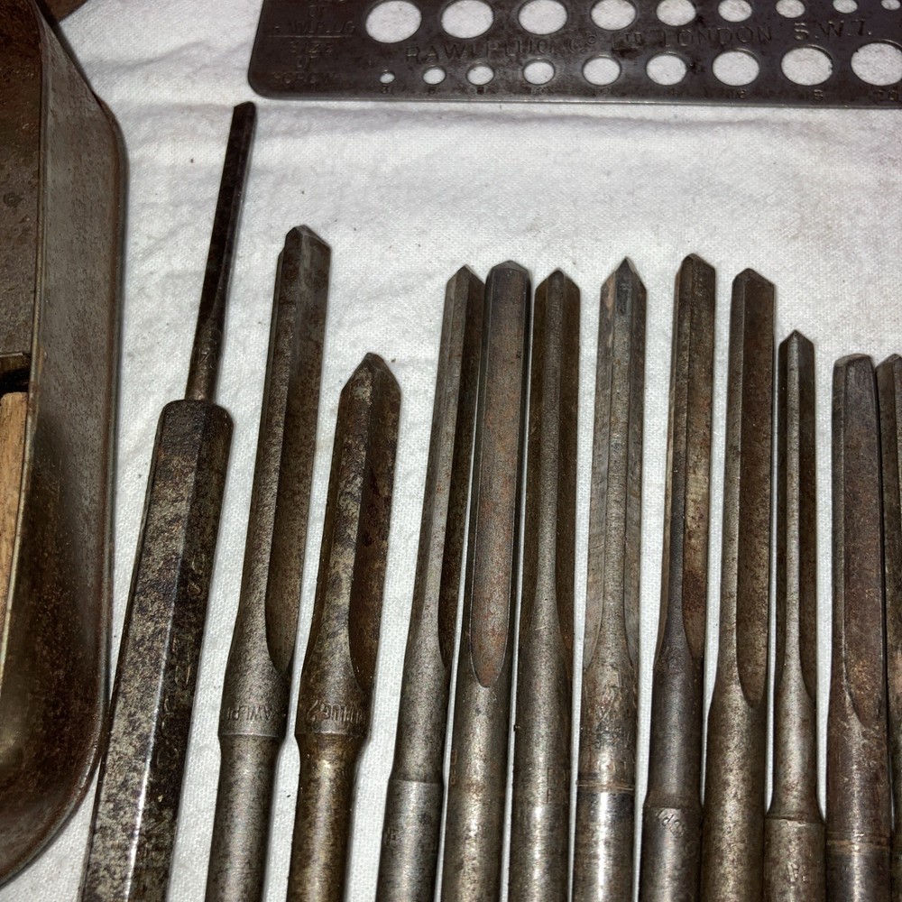 Vintage original Rawlplug tin and contents - 16 tools
