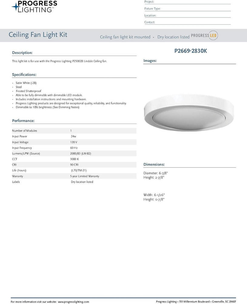 Lindale Ceiling Fan Light Kit White 6.9 In