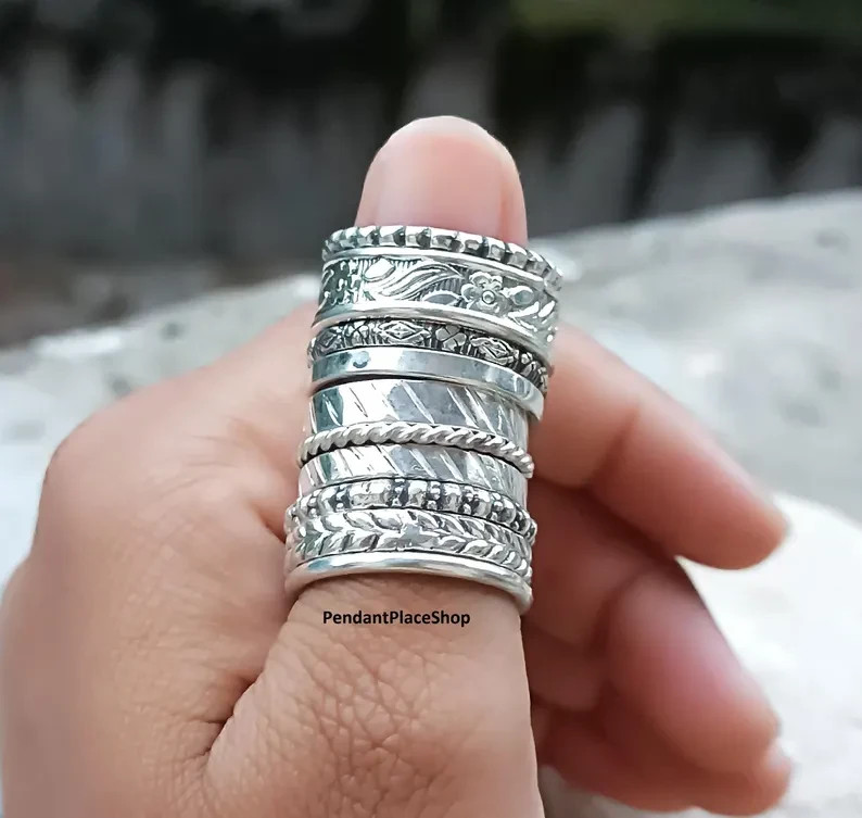 925 Solid Sterling Band Silver Stacking Rings, Textured Midi Ring Set All Size