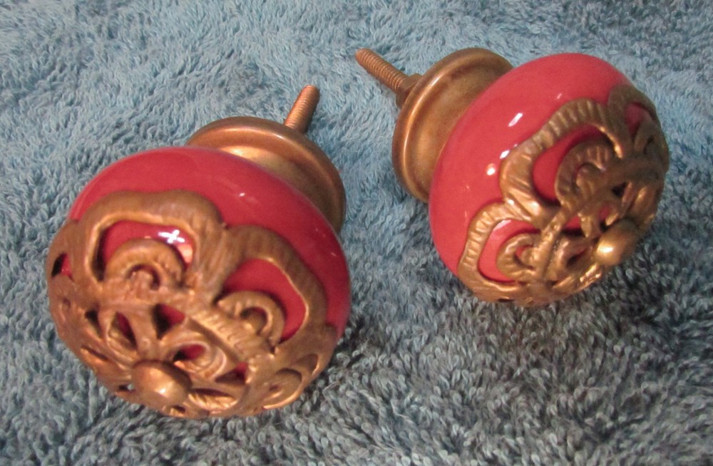 Set of 2 Large RED Round CERAMIC KNOBS with Brass Flower Decorative Drawer Pulls