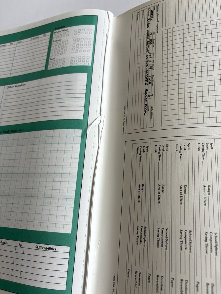 Advanced Dungeons and Dragons Character Record Sheets TSR 1989