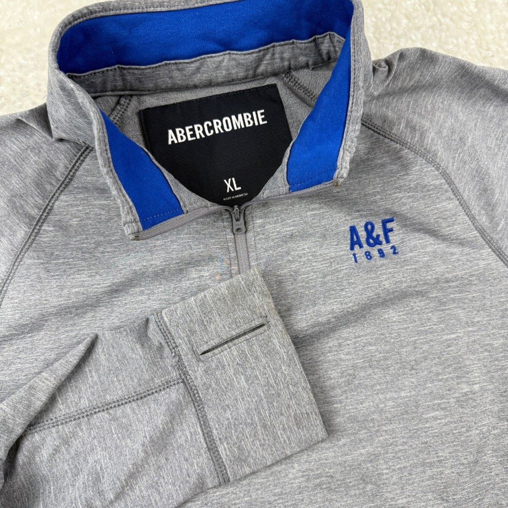 Abercrombie & Fitch Men XL Gray Heather Quarter Zip Pullover Thumbhole 1892 Logo