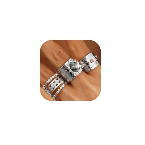 3Pcs Chunky Statement Ring Set for Women,Stackable Wide Band Rings Silver
