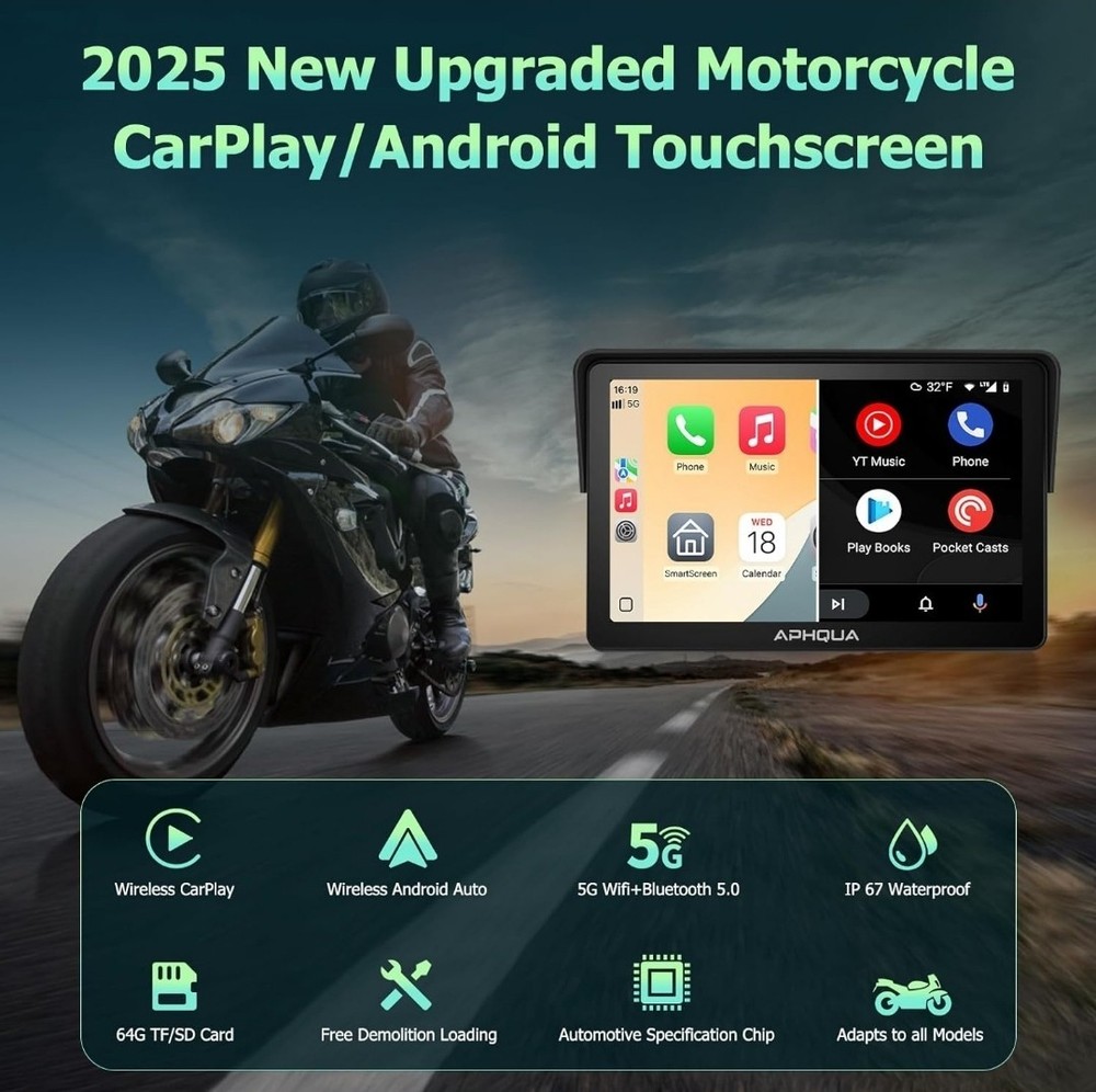 7-inch Motorcycle Navigation GPS Wireless Carplay Android Touch Screen + IP67