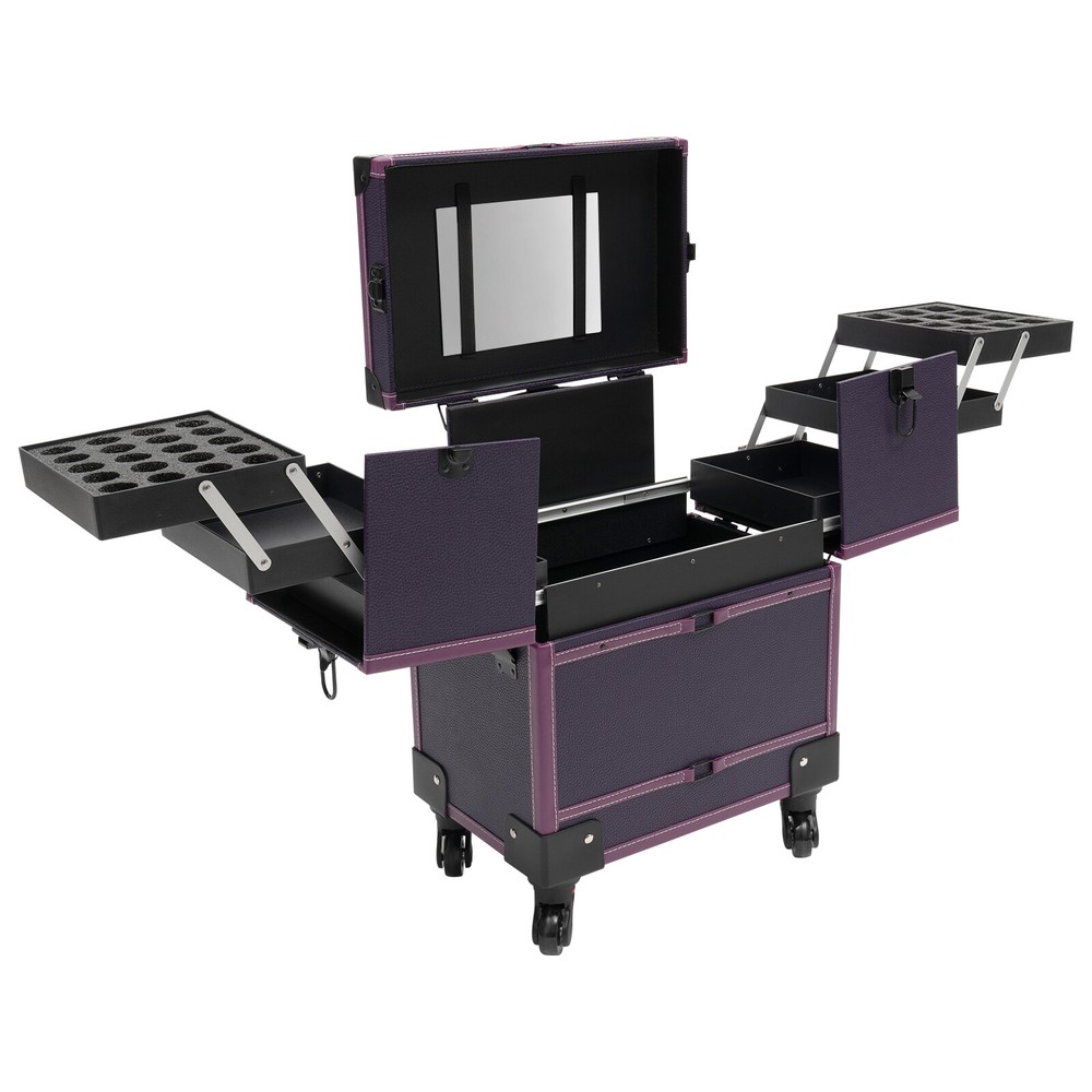 Makeup Train Case Professional Rolling Cosmetic Case with Mirror Travel Trolley