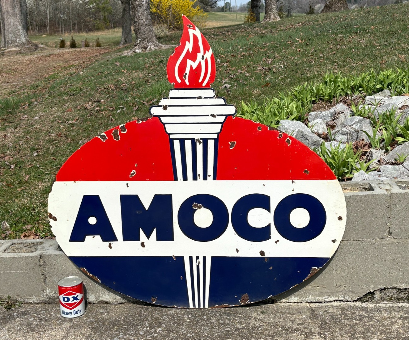 ORIGINAL 1950's "AMOCO GASOLINE" LARGE DOUBLE SIDED PORCELAIN DEALER SIGN, NICE