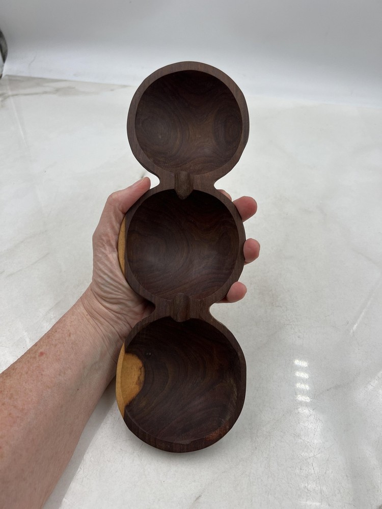 Handmade Solid Wood 3 Section Serving Tray Snack Dish Bowl Rustic Decor 12" Long