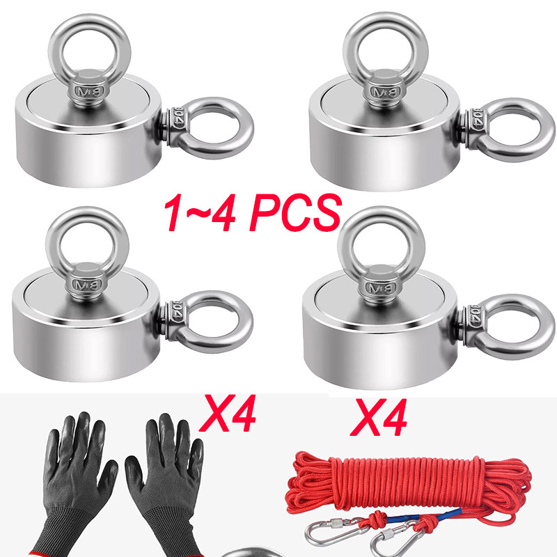 Fishing Magnet Kit Double Sided Pull Force Strong Neodymium + Rope + Carabiner