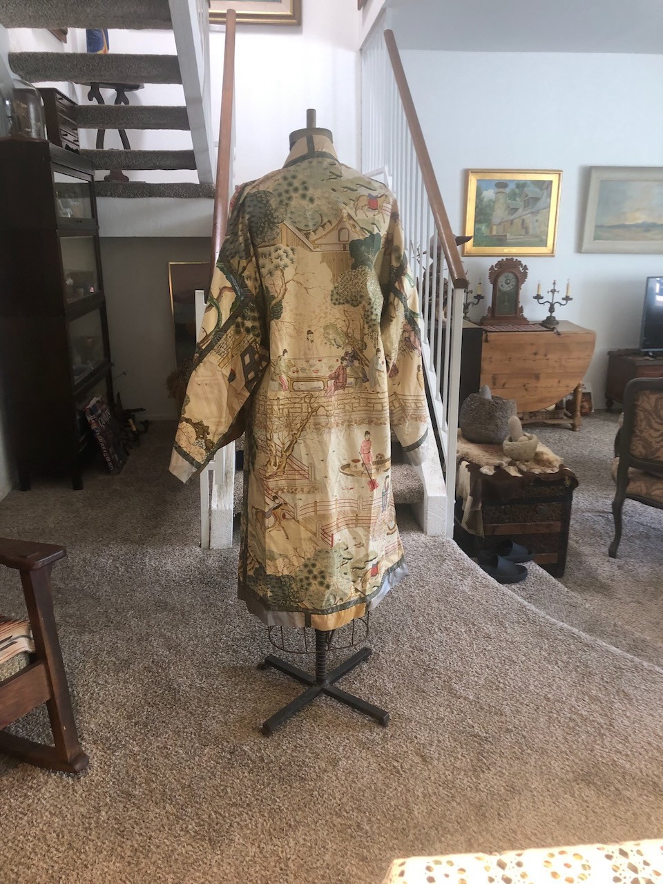 Handmade Cotton Kimono Robe with Obi Sash, Chinoiserie Print S
