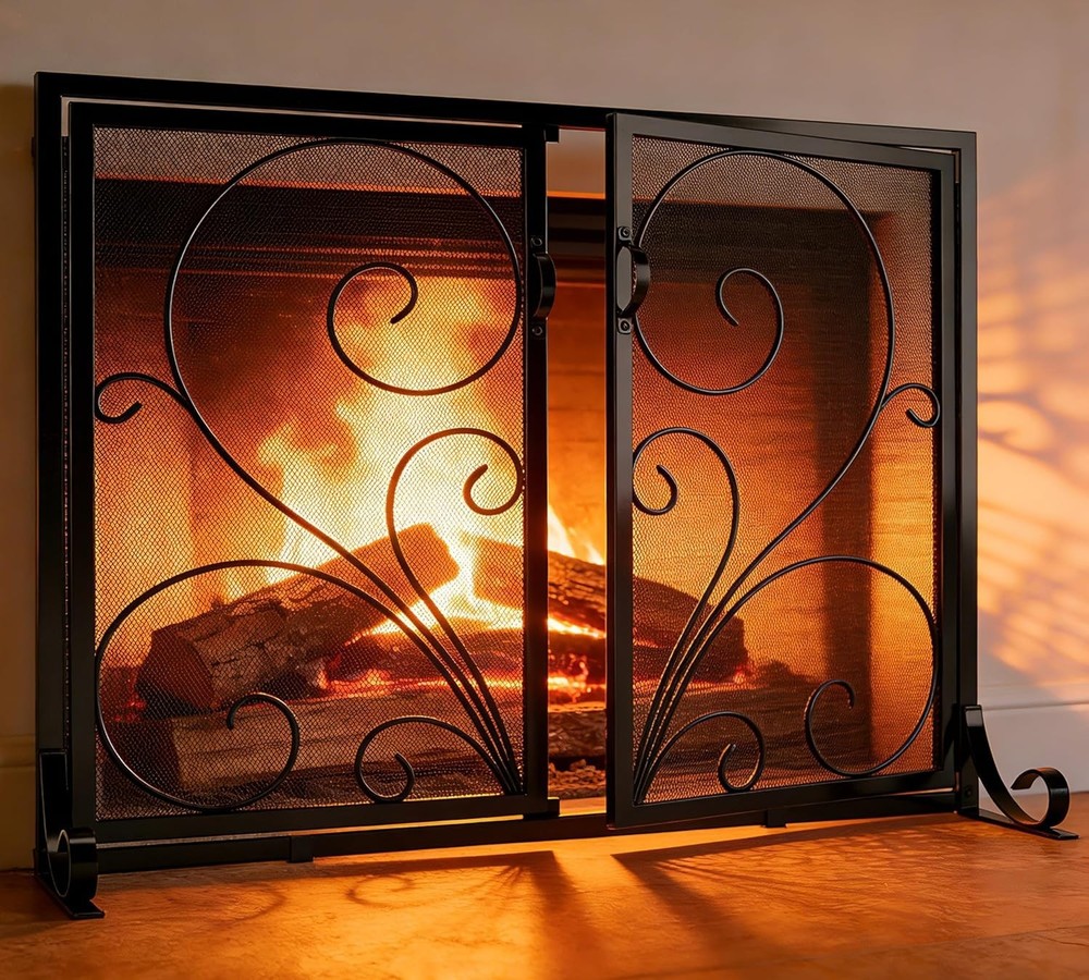Fireplace Screen W/ Double Doors Heavy Duty Solid Steel Frame Metal Mesh Spark