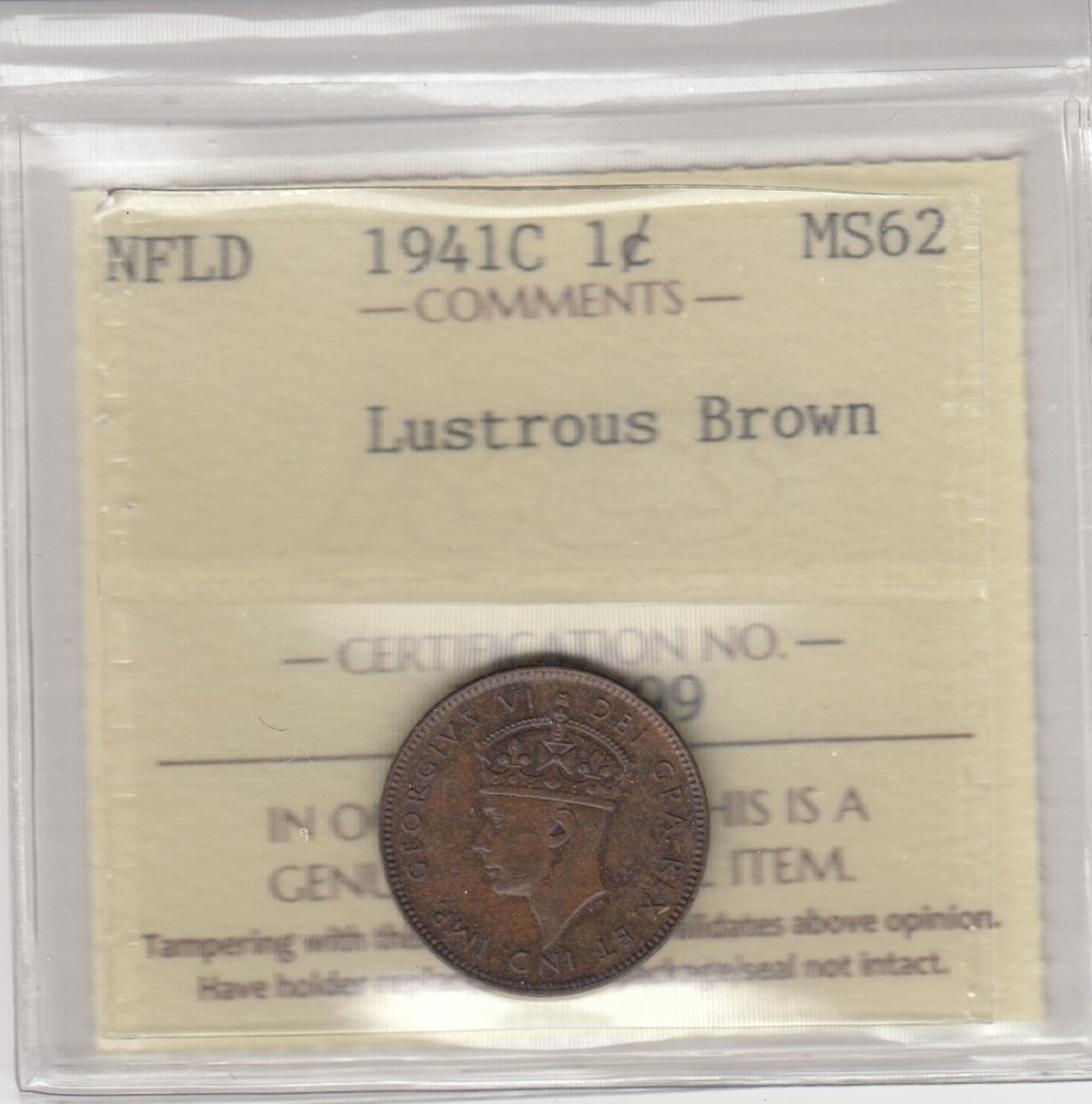 1941 Newfoundland One Cent Coin - ICCS Graded MS-62
