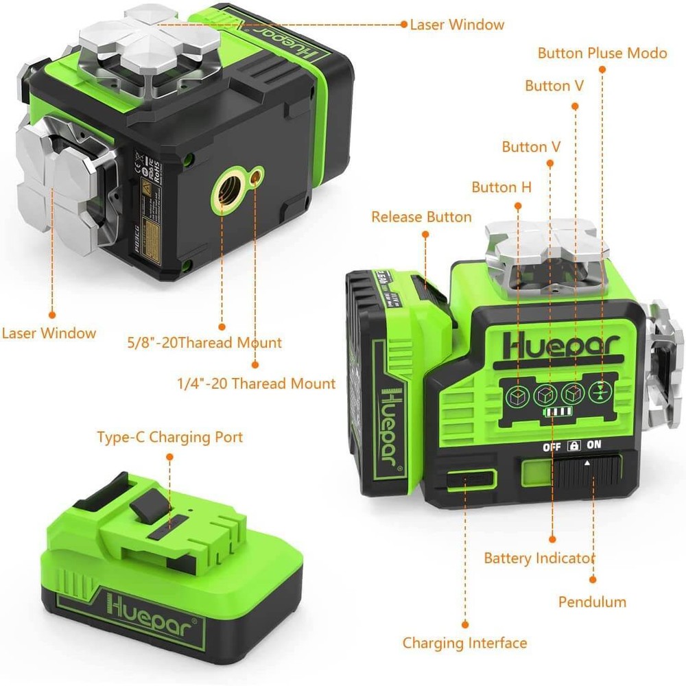 Huepar 12 Lines Self-leveling Laser Level with Bluetooth&Remote Control+Receiver