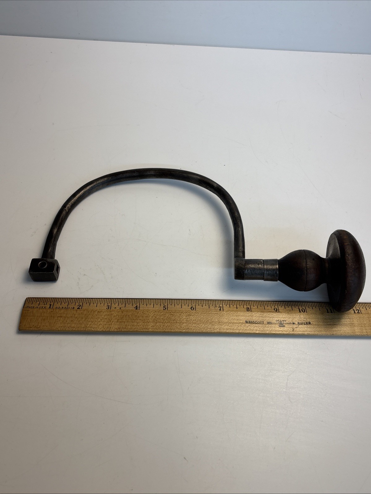 Antique I. RUDOLF Forged Carpenter Brace Drill Primitive Wood Brace