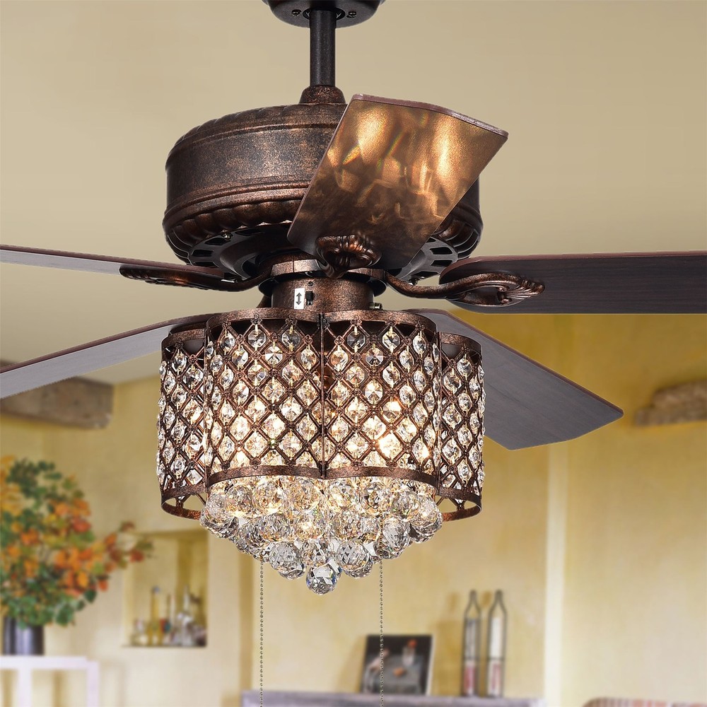 Proshta 3-light Crystal 5-blade Rustic Bronze Ceiling Fan Pull Chain