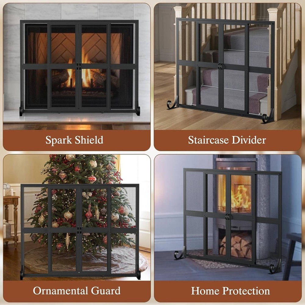 Fireplace Screen with Sliding Doors Wrought Iron Spark Guard Safety Protector