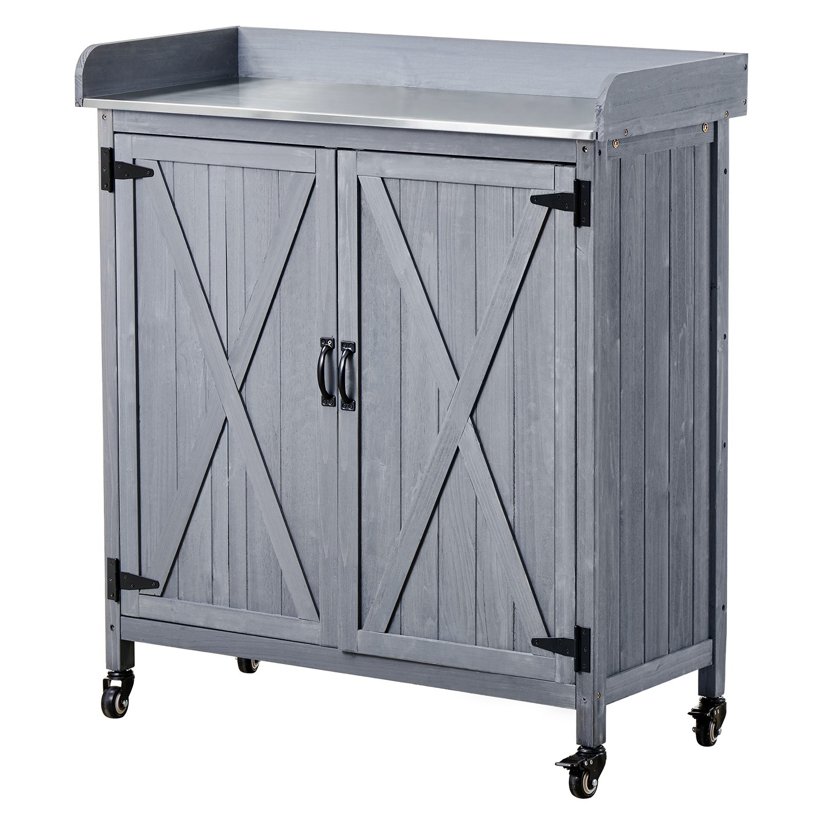 Uimoso Outdoor Wooden Potting Bench with Iron Work Surface and Storage Cabinet