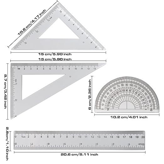 4 Pcs Transparent Math Geometry Set – Protractor, Rulers, Triangle Drafting Ki