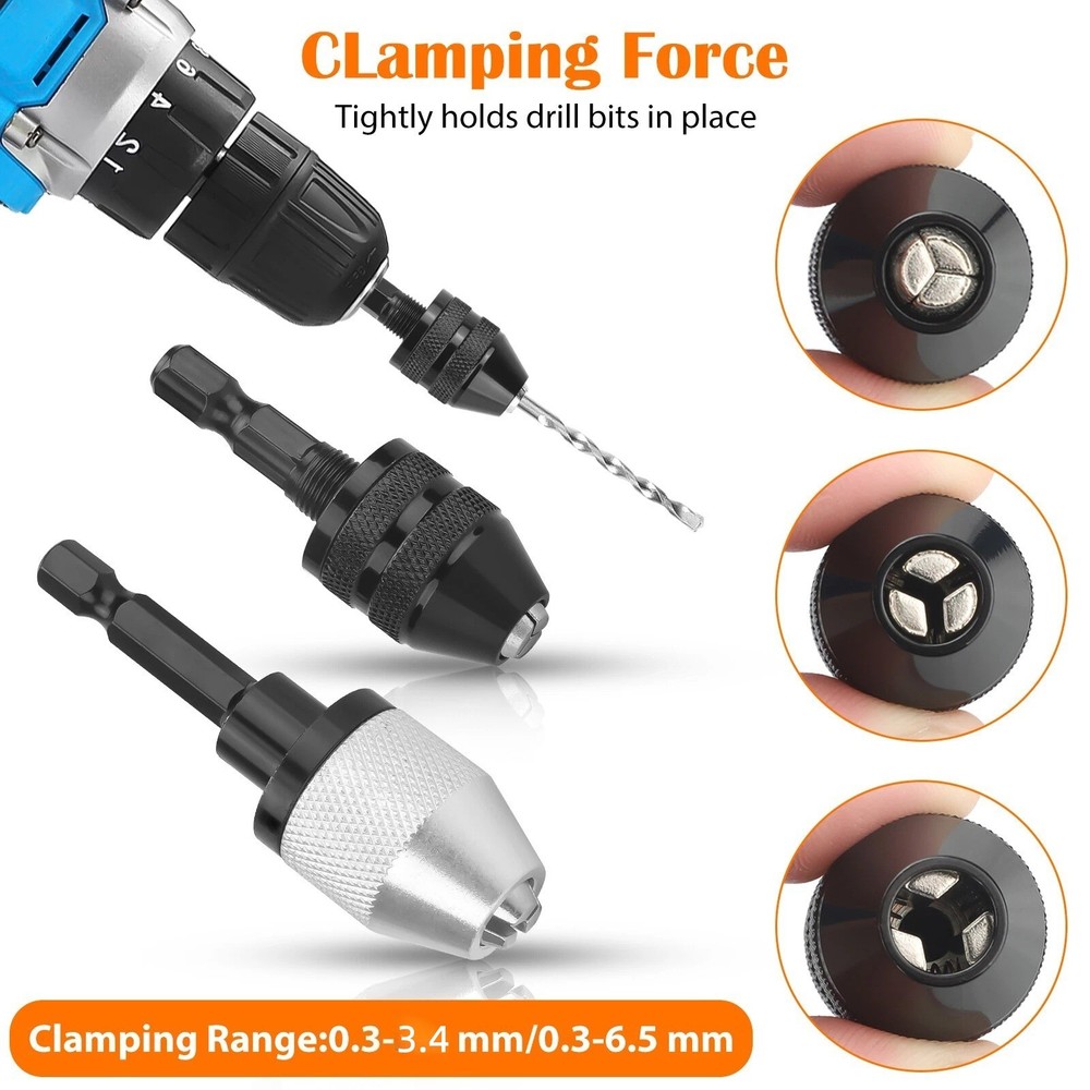 2x Keyless Chuck Adapter 1/4" Hex Shank For Power Tool Replacement Accessories