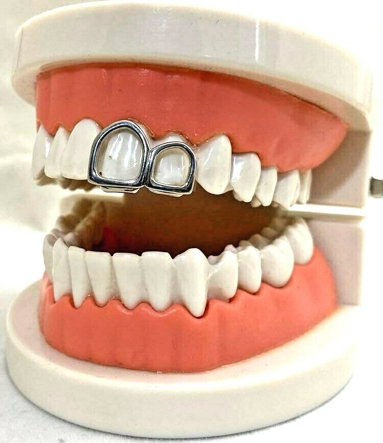 Silver Platinum Upper Double 2 Tooth Teeth Open Face Grillz Front Right-Side Cap