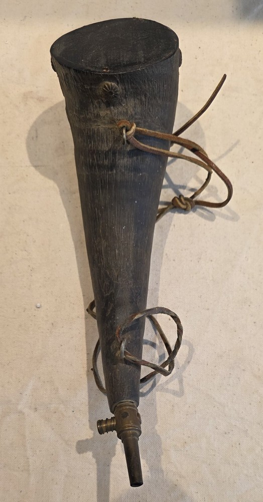 Vintage Black Powder Horn Flask 14" Primitive Muzzleloader Style Leather Strap