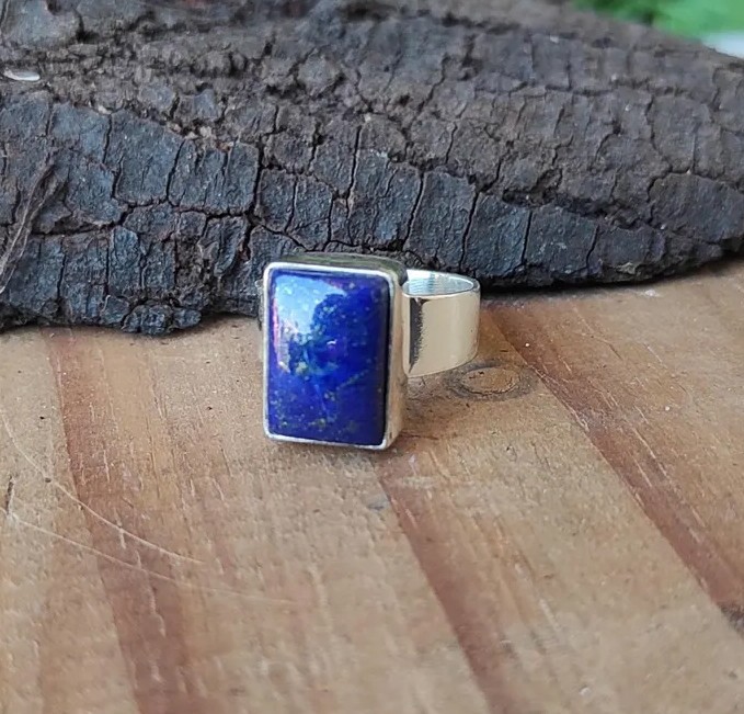 Solid 925 Sterling Silver Natural Lapis Lazuli Rectangle Gemstone Wide Band Ring