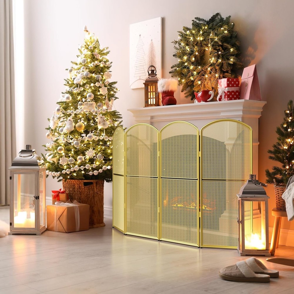 Fireplace Screen Stand Alone Gold Foldable Fireplace Gate 4 Panel Decorative