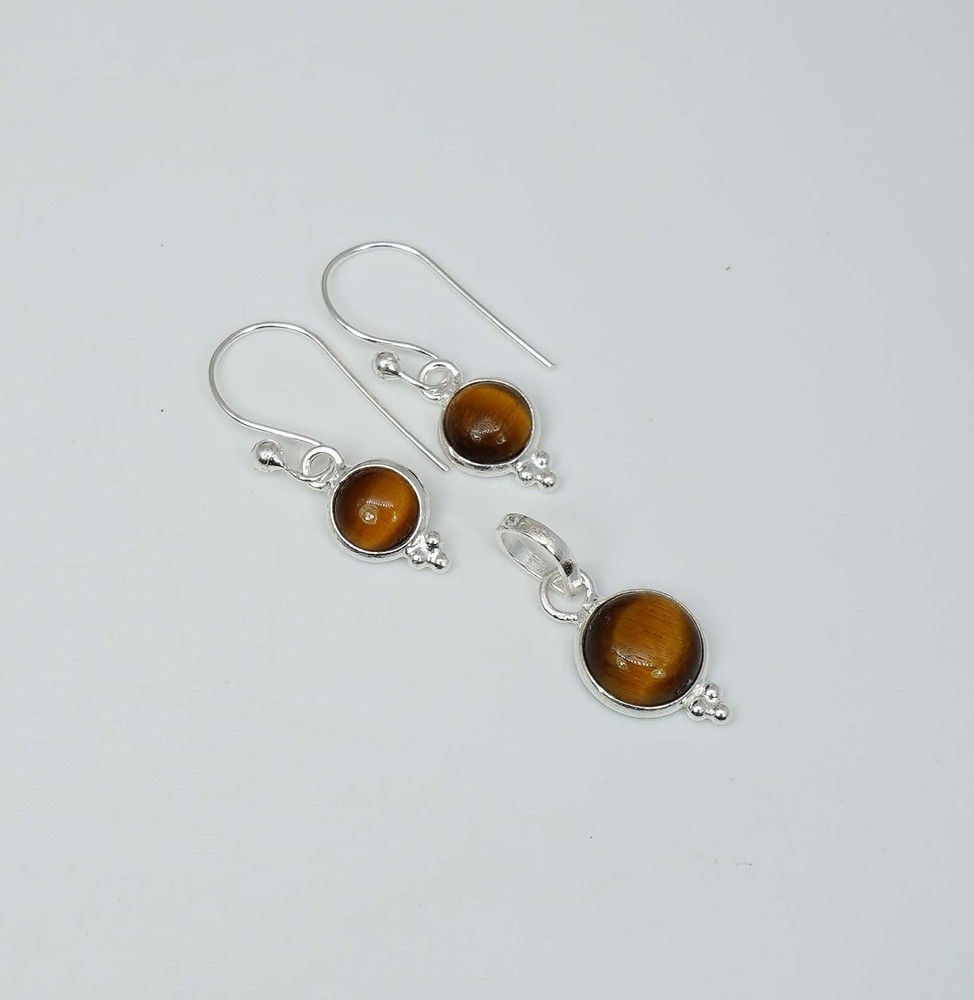 925 Solid Sterling Silver Tiger Eye Hook Earring Pendant Set