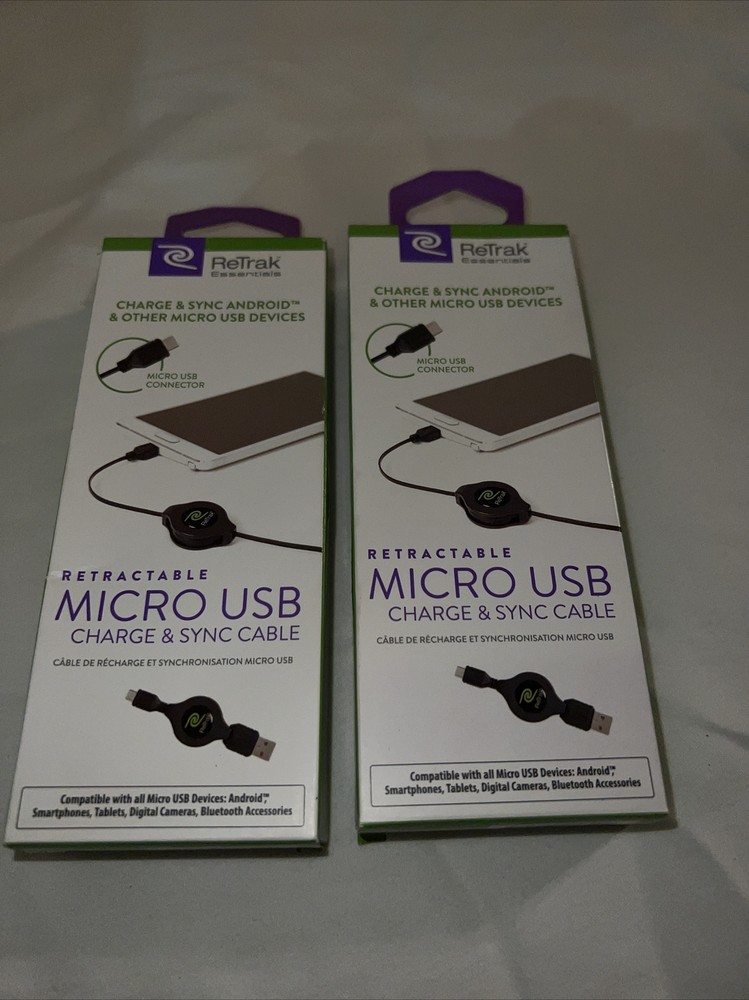2 - Retrak Retractable USB to Micro USB Charge and Sync Cable Black 2.6ft