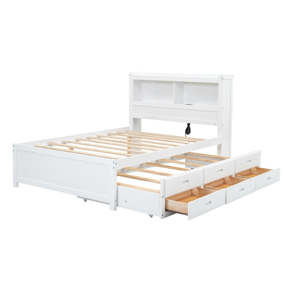Full Size Bed Frame Wood Platform Bed w/ Pull-Out Trundle & Drawer White/Gray
