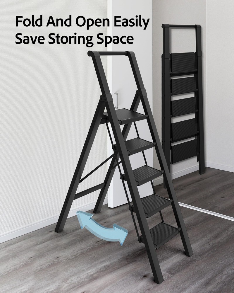 5 Step Ladder, Lightweight Folding Step Stool withConvenient Handgrip,Aluminu...