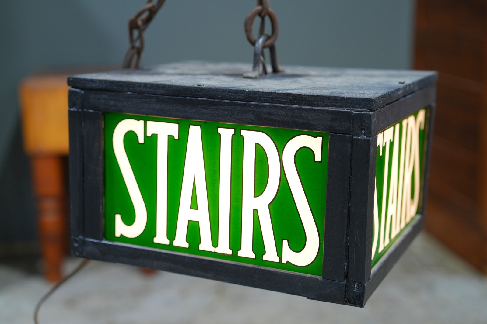 Vintage Stairs Lighted Sign Reverse Painted Glass Green Exit Light Stairway