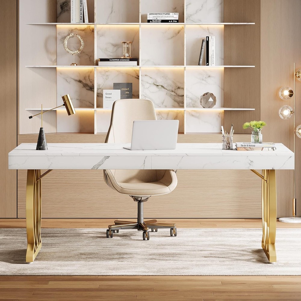 63-Inch Rectangular Executive Desk, Modern Office Computer Desk with Gold Legs