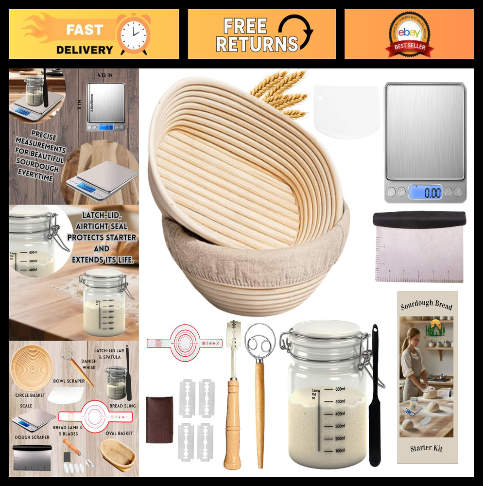Complete Sourdough Starter Kit - Bread Baking Supplies, Proofing Basket & Scale,