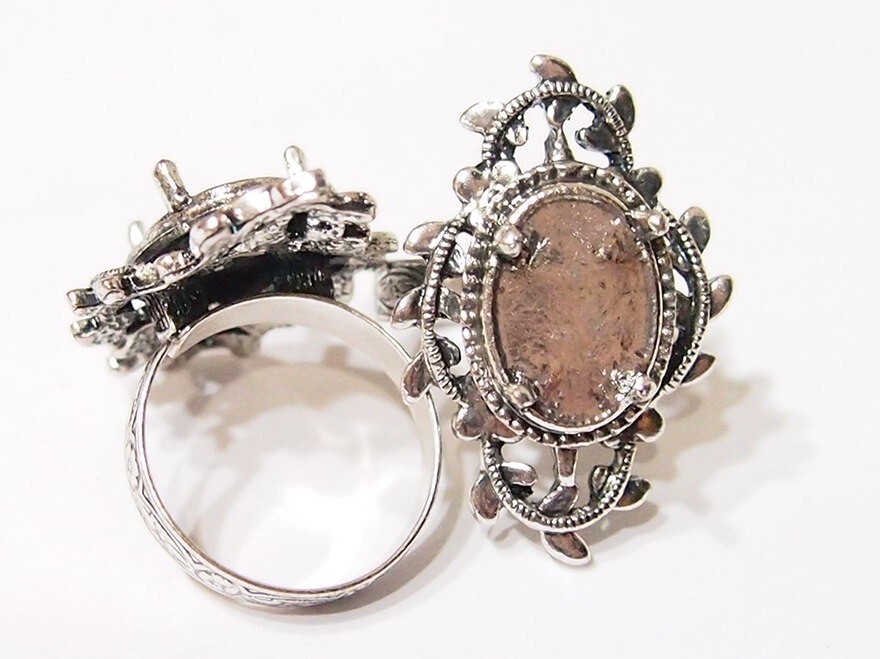6 - 14x10mm Antique Silver Victorian Deco Loop &Leaves Adjustable Ring Settings