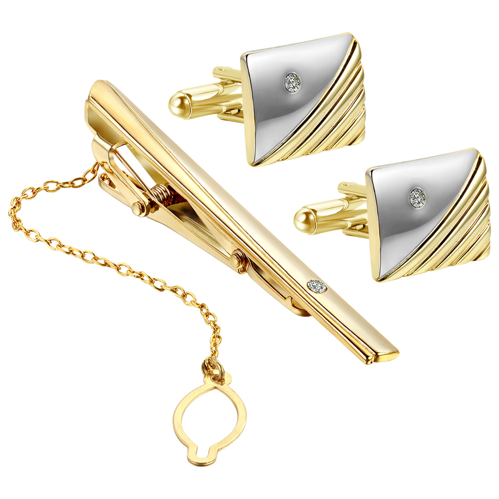 Polished Gold Tone Metal CZ Cufflinks Tie Bar Clasp Clip Set Men's Modish Gift