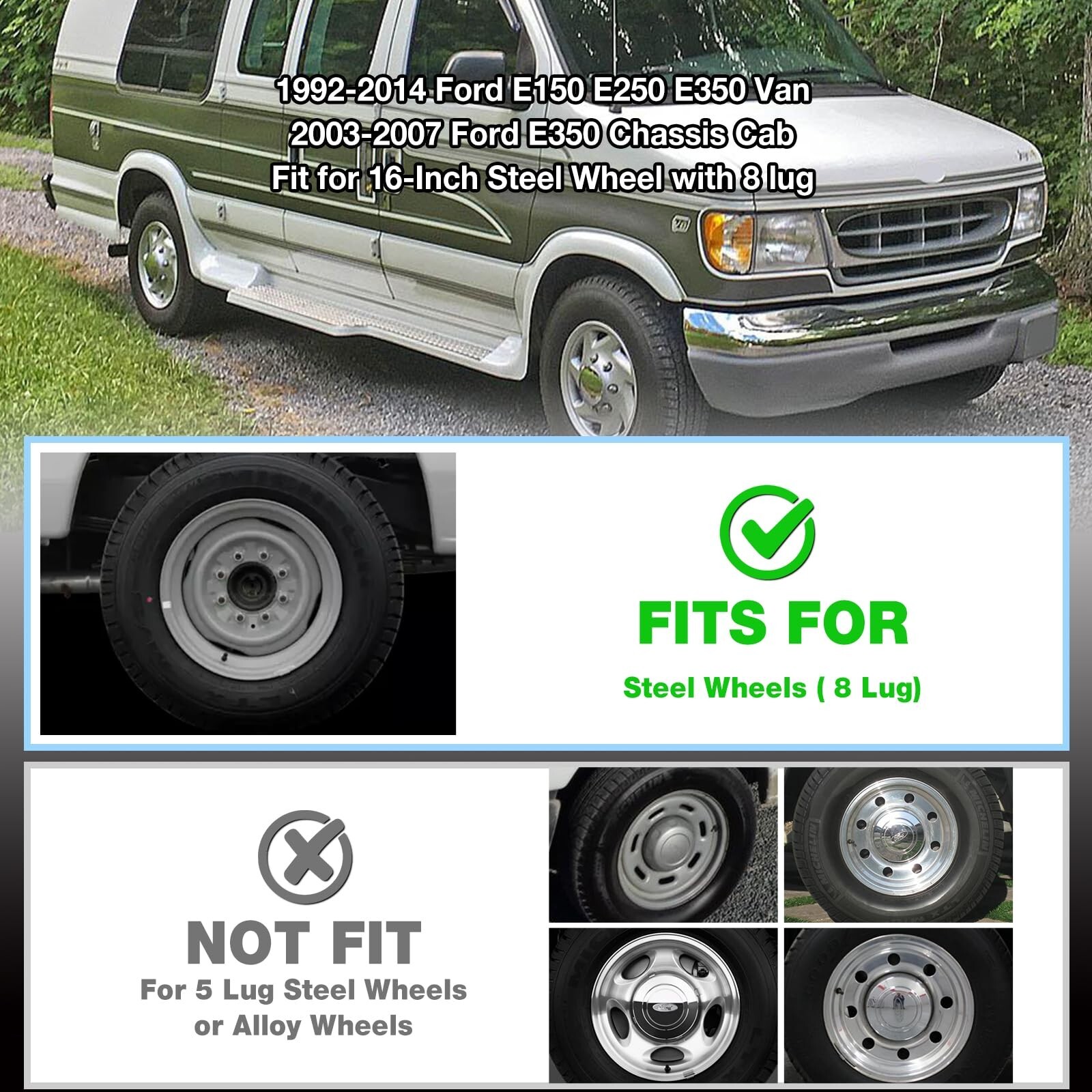 Wheels Hubcaps for 1992-2014 Ford E150 E250 E350 Van; Silver Chrome wheel covers