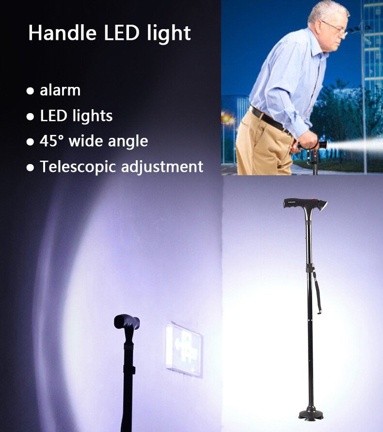 Foldable Adjustable Walking Cane With Alarm Retractable LED Safety Walking Stick