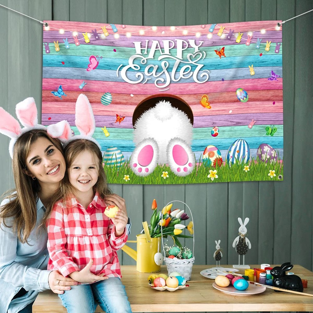 Large Easter Party Backdrop Decoration-Happy Easter Party Supplies,Easter Bunny.
