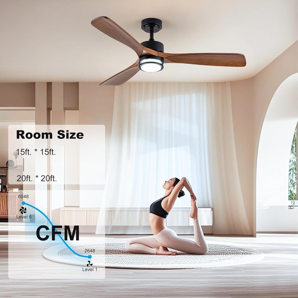 52” Outdoor Ceiling Fan with Light, 3 Walnut Solid Wood Blade, Remote Control...