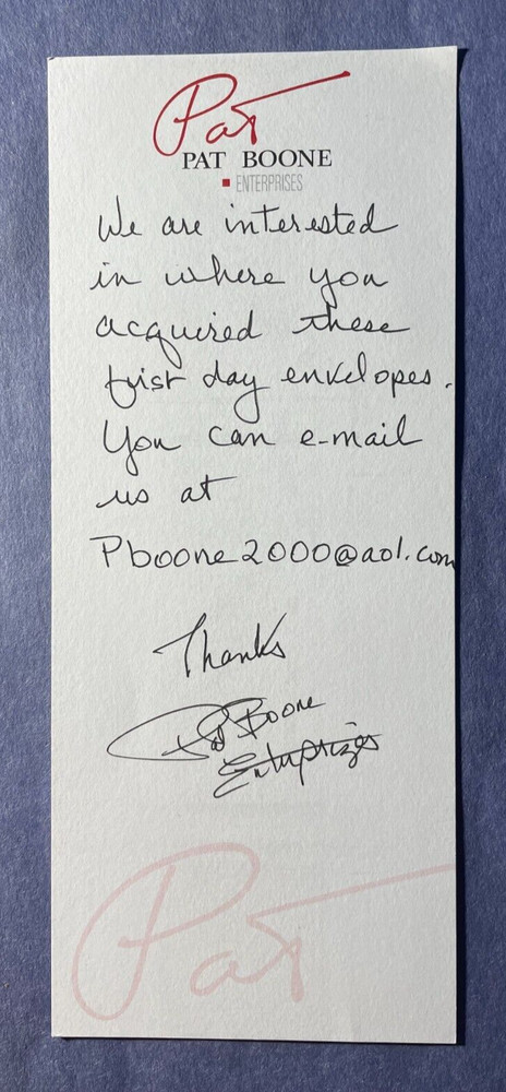 SIGNED PAT BOONE AUTOGRAPHED NOTE CARD