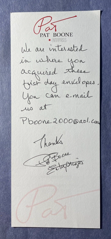 SIGNED PAT BOONE AUTOGRAPHED NOTE CARD