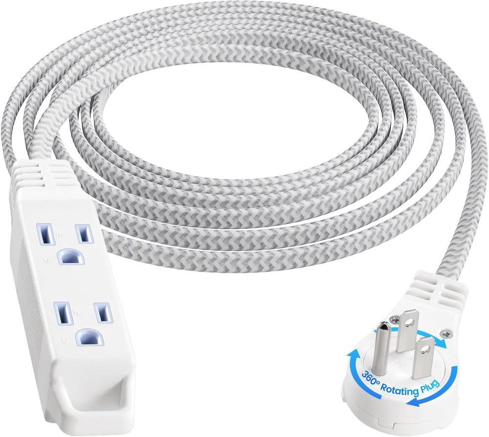 10FT 360° Rotating Flat Plug Extension Cord Flat Wall Plug with 3 Outlets, Braid