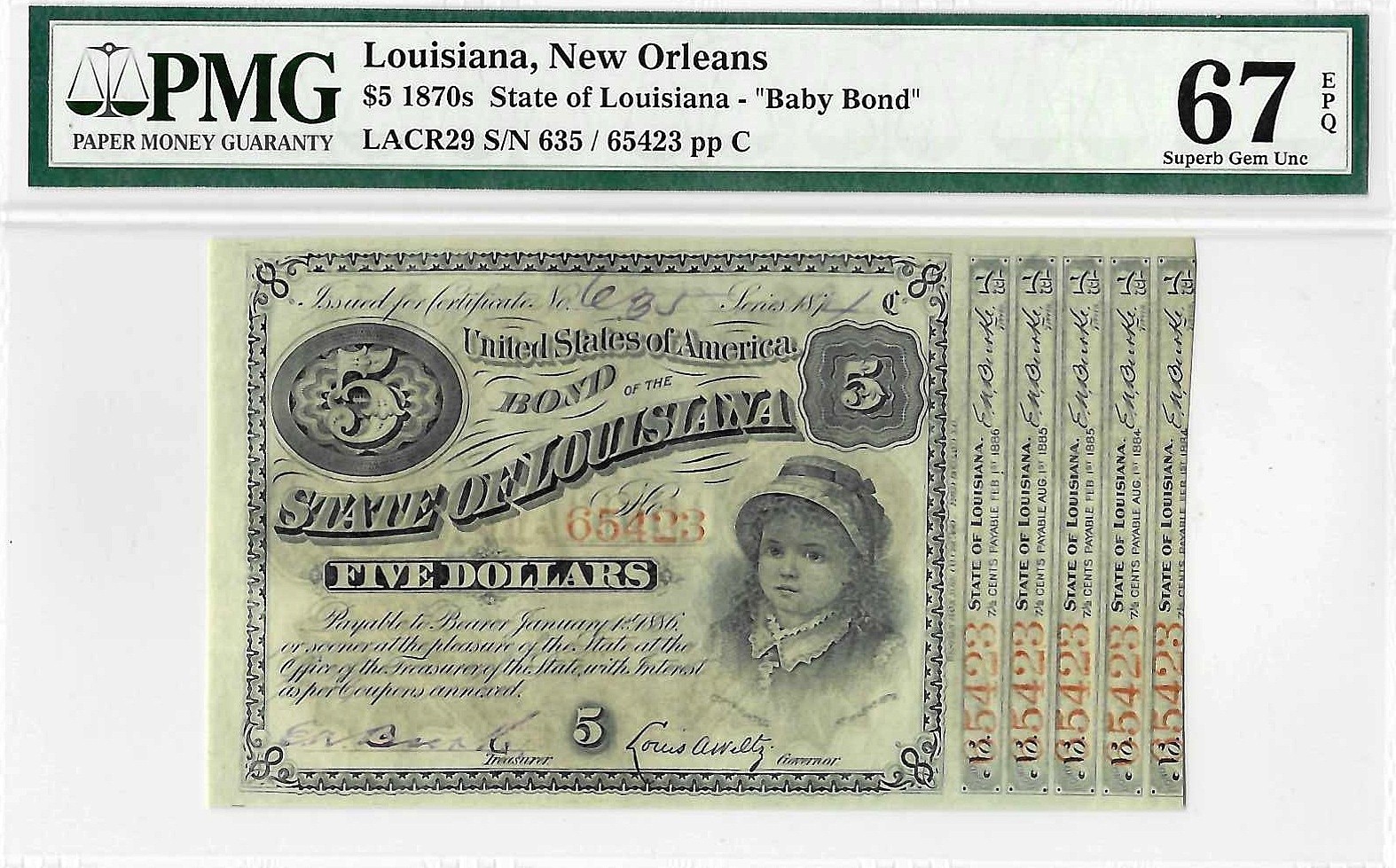 1874 $5 State Of Louisiana "Baby Bond" PMG Superb Gem UNC 67 EPQ