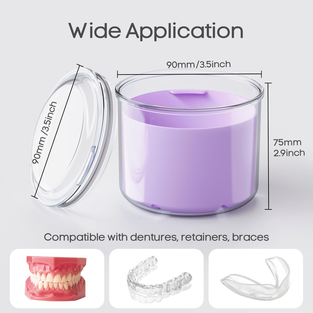 Denture Bath Cup with Cleaning Brush, Large Soaking Container Purple