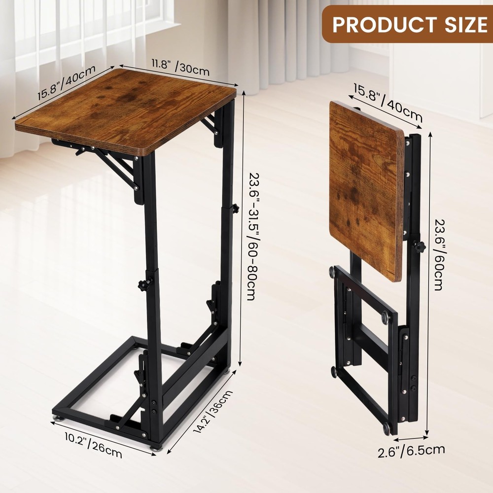 Folding Side Table, Adjustable C-Shaped End Table for Couch, Metal Frame TV T...