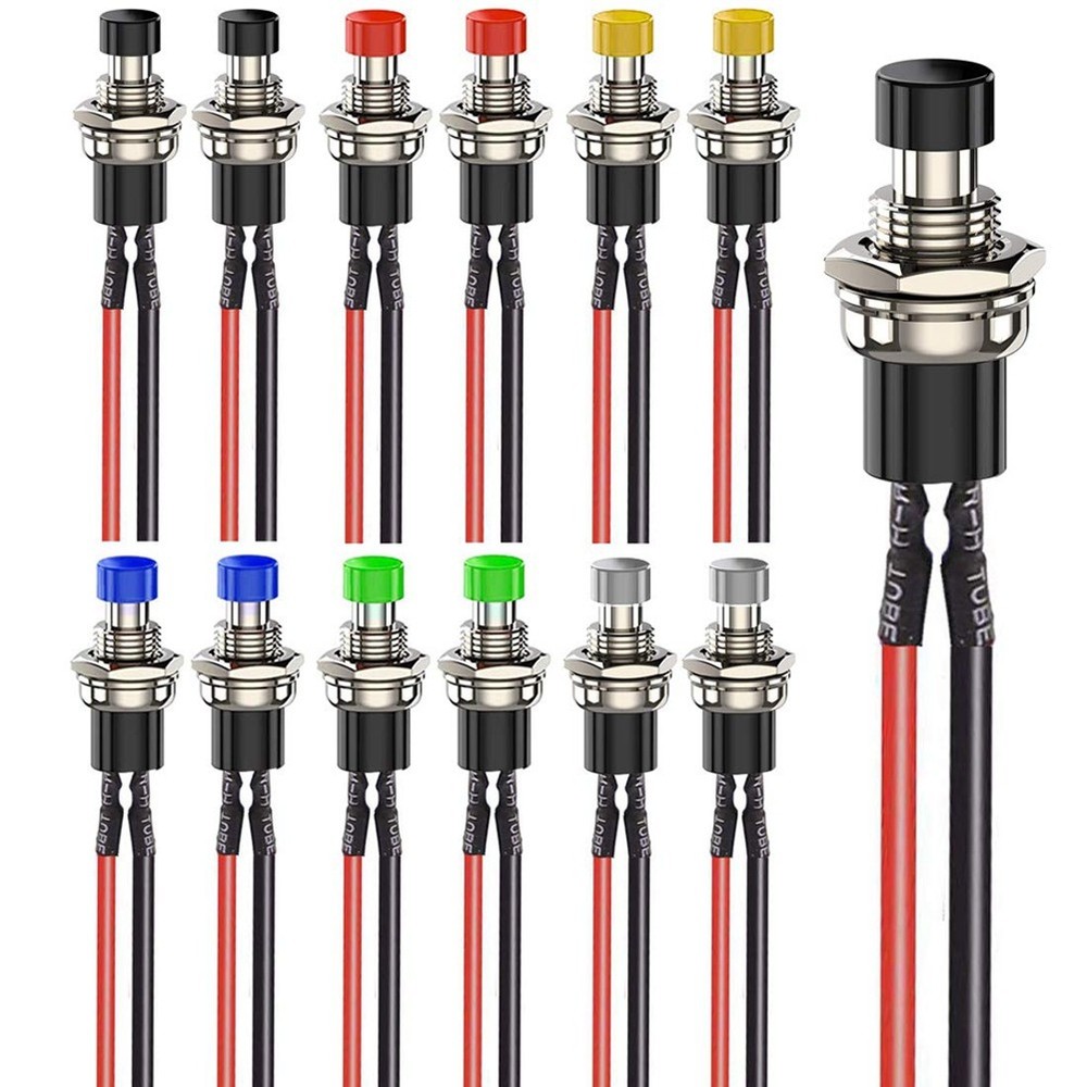 12 Pack 7mm Push Button Switch, Prewired, On/Off, 2 Pole, Round, 2066